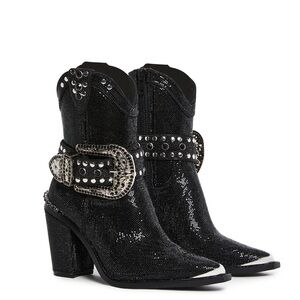 Black and Silver Western Ankle Boots with Studded Buckle